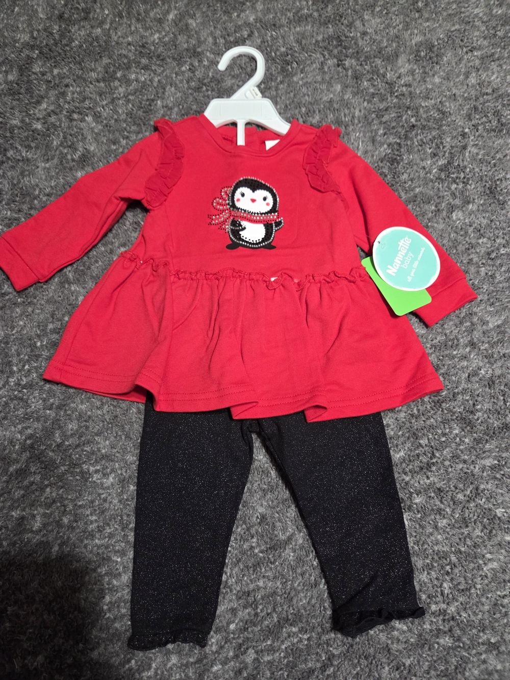 Nannette Red Penguin Peplum Top & Black Sparkle Leggings Set